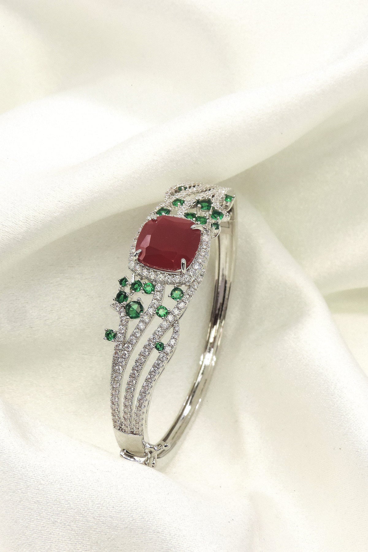 Ruby Red Stone CZ Kada Bracelet | Silver-Tone Statement Bangle for Women