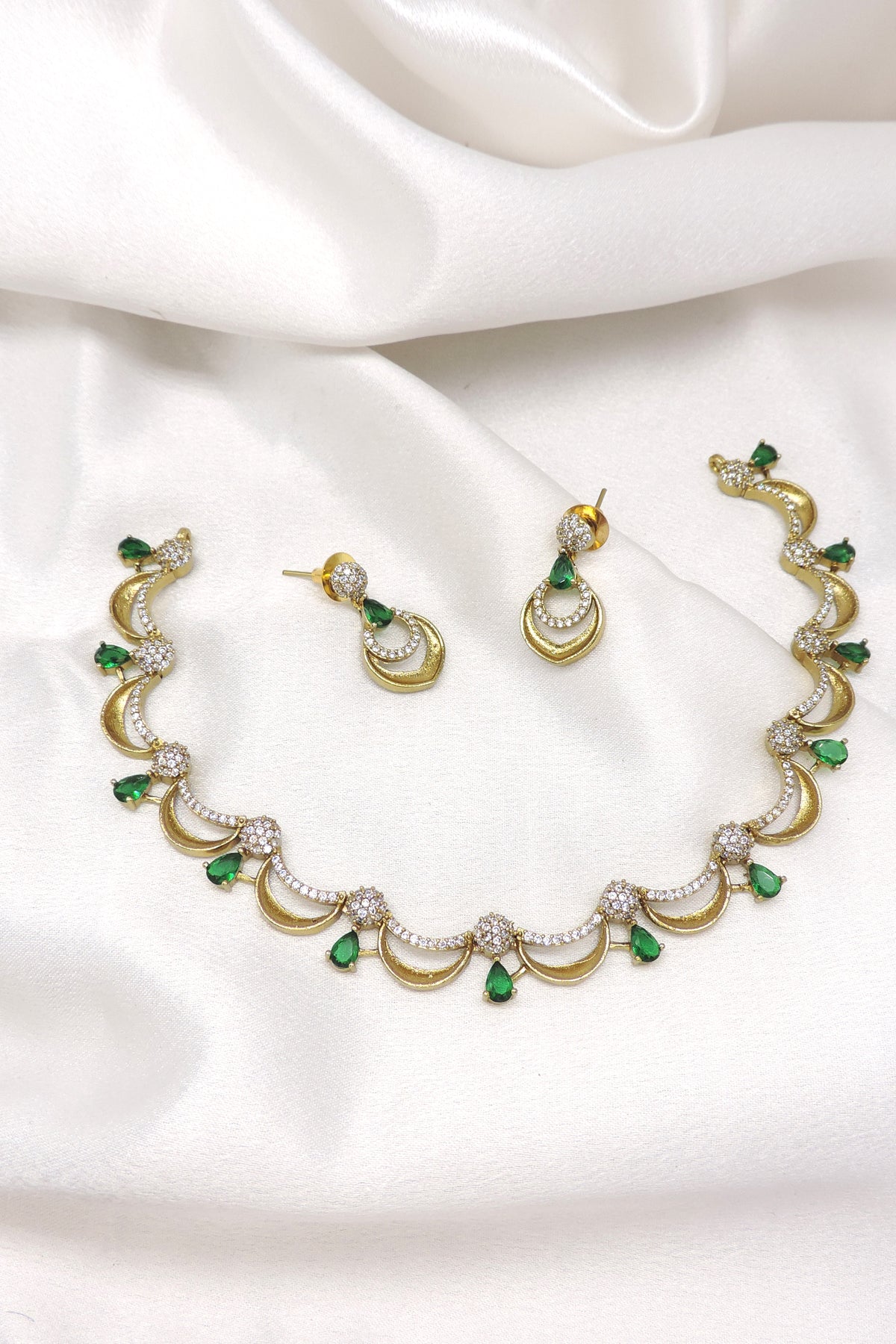 Pink Crescent CZ Necklace Jewelry Set
