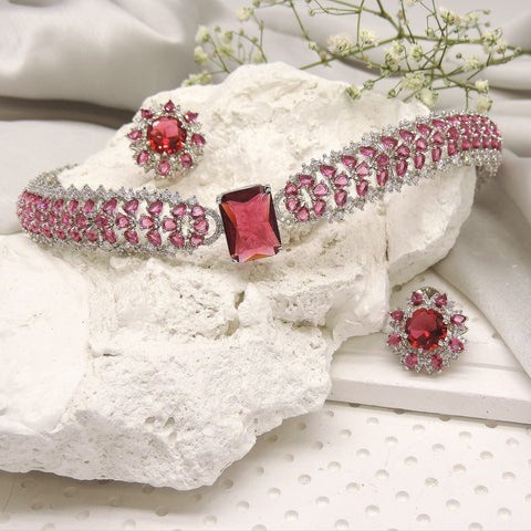 Pink crystal statement bracelet with matching floral ring