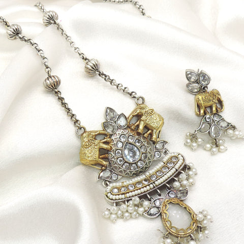 Heritage Elephant Dual Tone Pendant Set with Matching Earrings by Joyrias