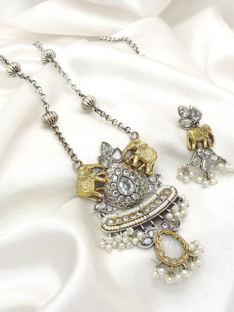 Heritage Elephant Dual Tone Pendant Set with Matching Earrings by Joyrias