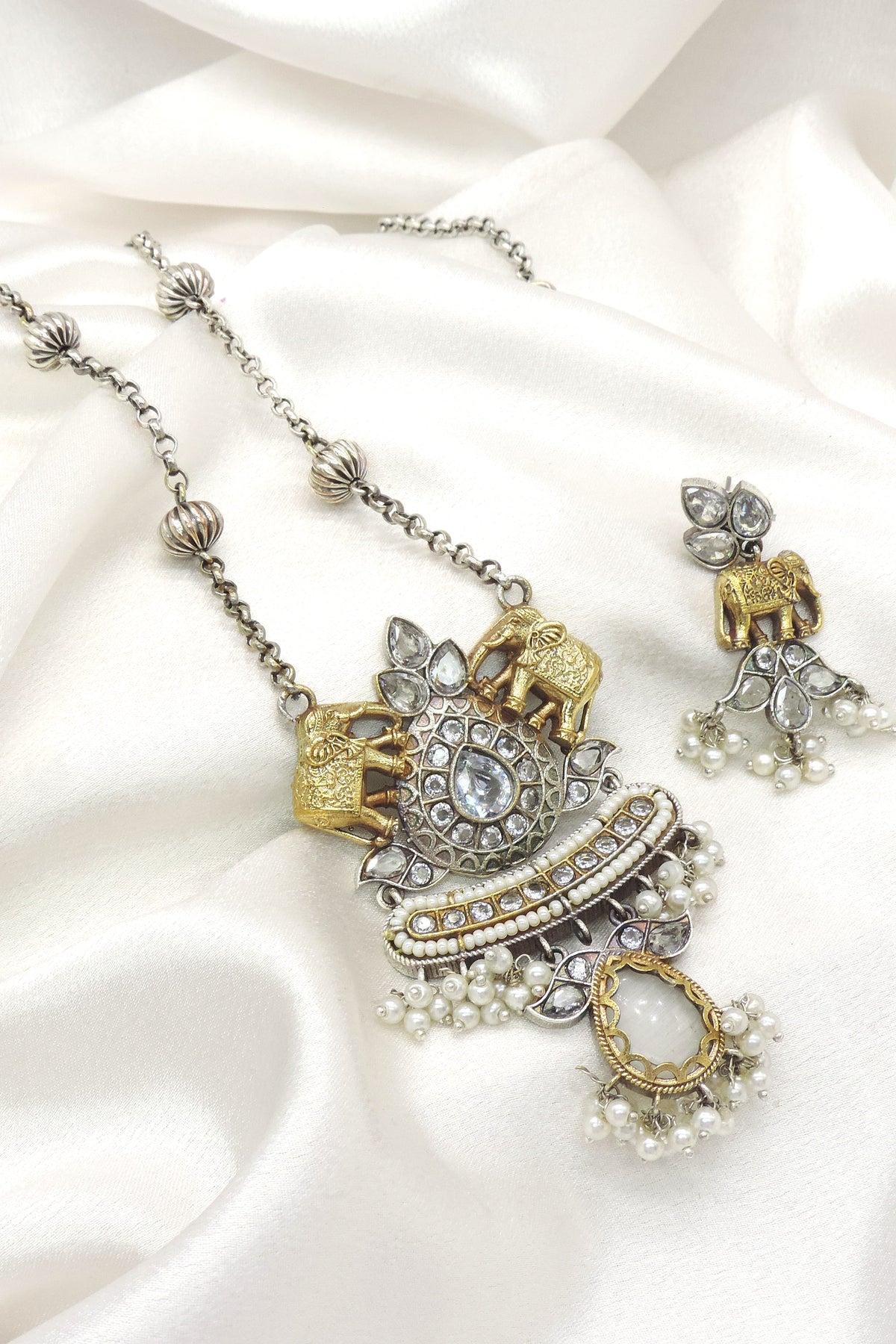 Heritage Elephant Dual Tone Pendant Set with Matching Earrings by Joyrias