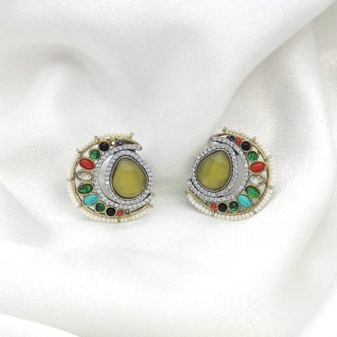 Navratan chandbali kundan gold-tone earrings with colorful stones and pearl border by joyrias