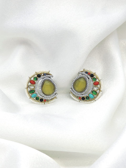 Navratan chandbali kundan gold-tone earrings with colorful stones and pearl border by joyrias