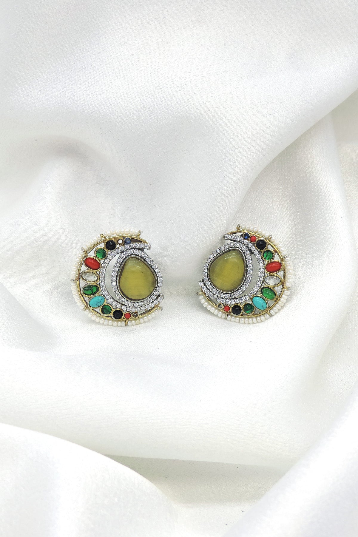 Navratan chandbali kundan gold-tone earrings with colorful stones and pearl border by joyrias