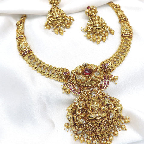 Majestic temple Lakshmi ruby necklace set by joyrias