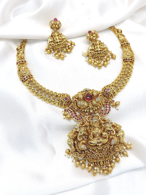 Majestic temple Lakshmi ruby necklace set by joyrias