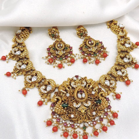 Opulent temple multicolor ruby pearl necklace set with matching earrings by joyrias