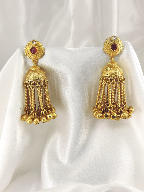 Kashmiri Gold Chain Jhumka Earrings by Joyrias