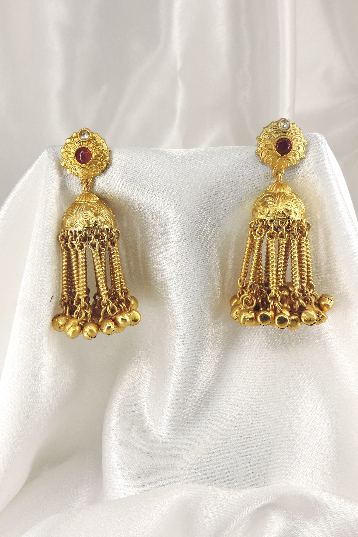 Kashmiri Gold Chain Jhumka Earrings by Joyrias