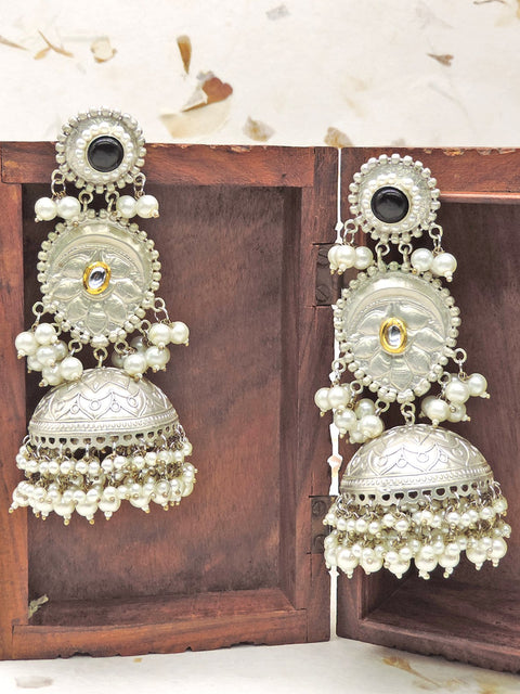 Nishtha silver lookalike jhumkas – premium big lightweight jhumka for Navratri USA – Joyrias