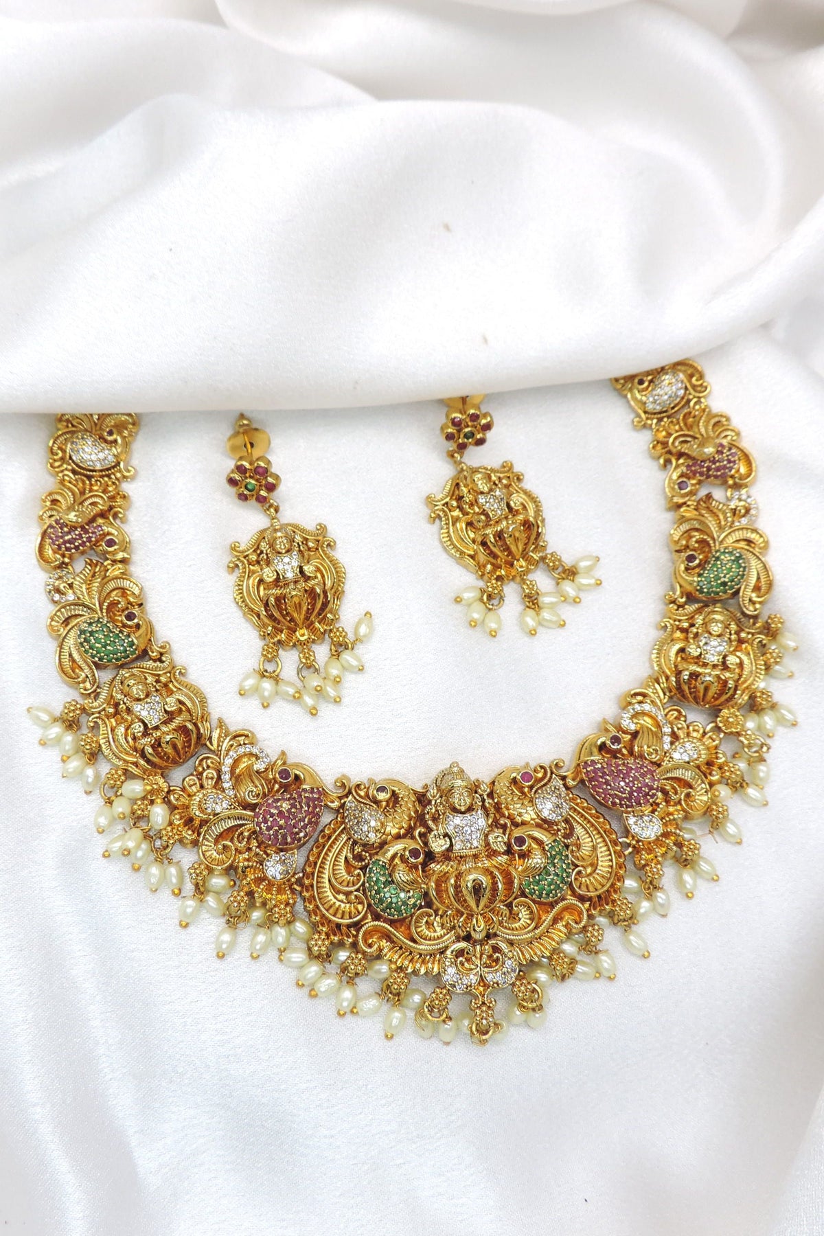 Temple Peacock Green Pink Jewelry Set by Joyrias
