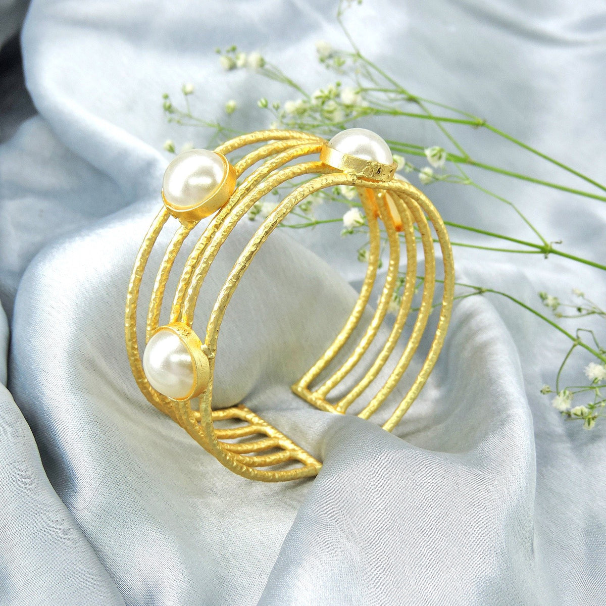 Golden broad bracelet with pearls – Indian gold tone pearl bangle for festive wear – Joyrias