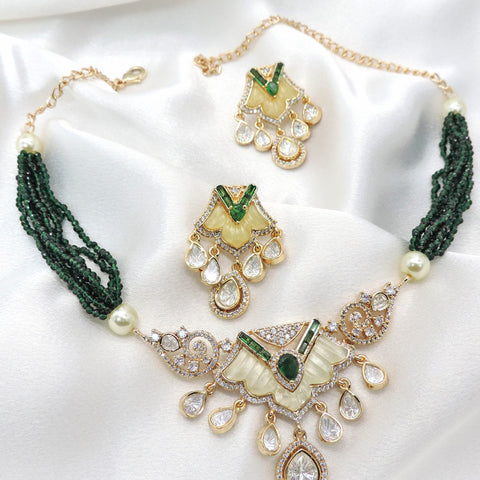Pearl Kundan Emerald Necklace Set by Joyrias