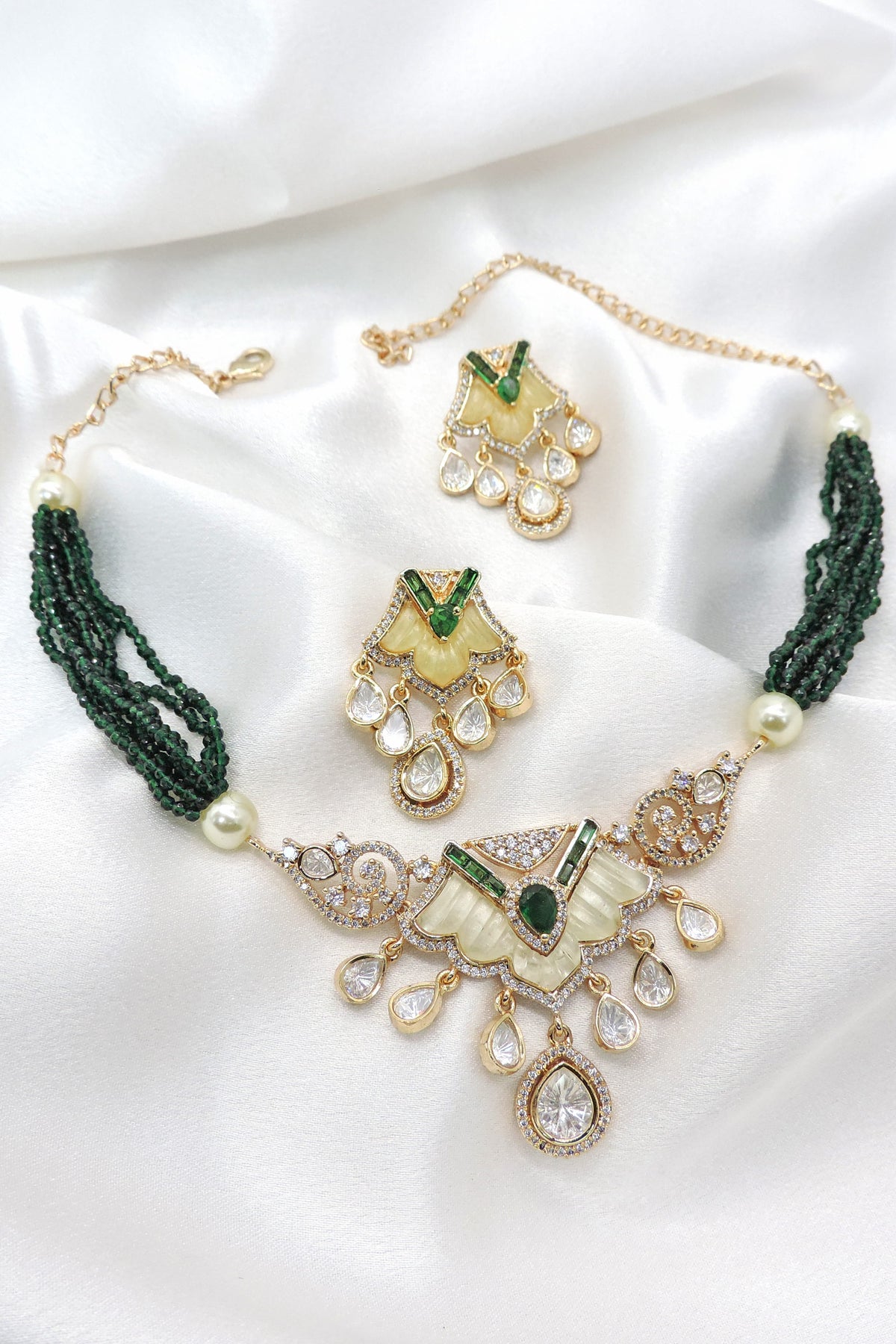 Pearl Kundan Emerald Necklace Set by Joyrias