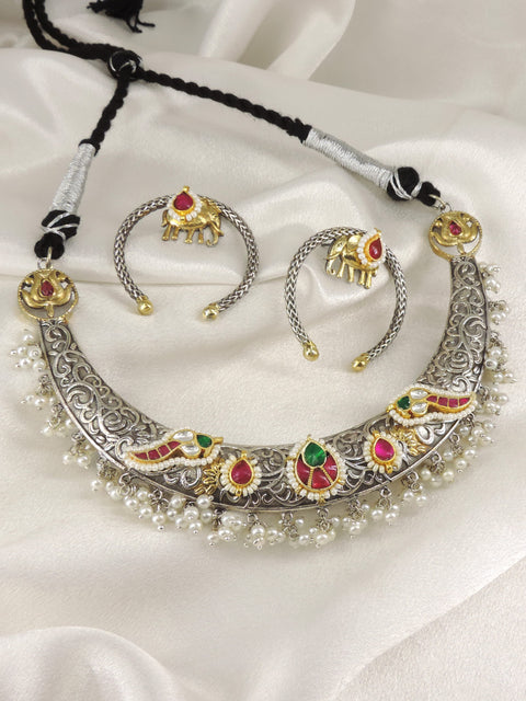 Dual Tone Elephant Pearl Choker Set by Joyrias