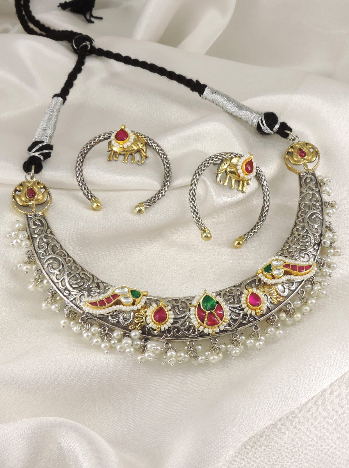 Dual Tone Elephant Pearl Choker Set by Joyrias