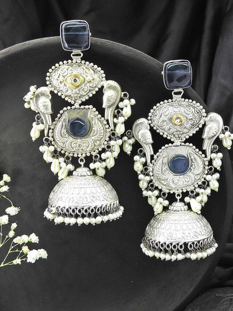 Long bird silver tone jhumka with blue stone – Indian festive jhumka earrings USA – Joyrias