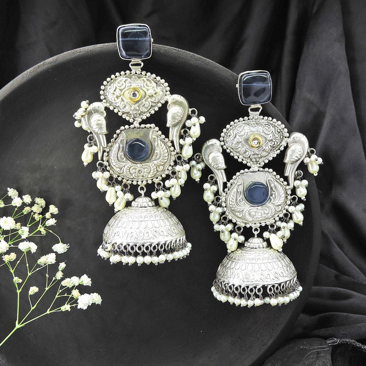 Long Bird Silver tone Jhumka with Blue Stone Image 0