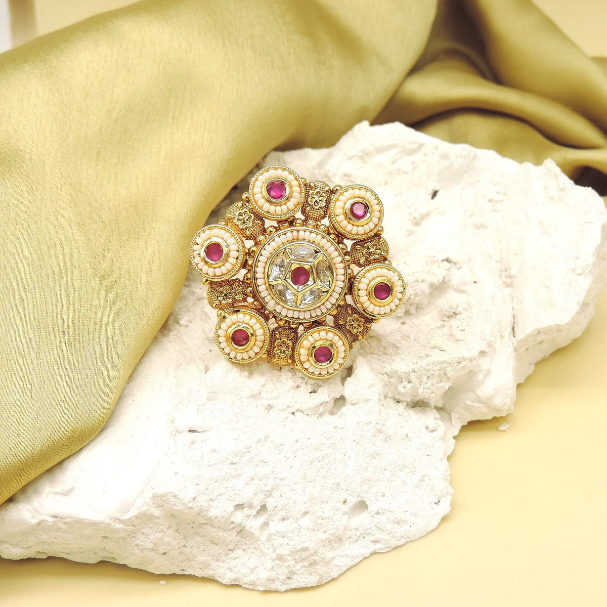 Round red and white Kundan AD cocktail ring – Indian statement ring for women USA – Joyrias