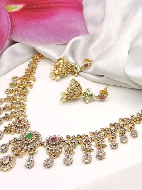 Diamond look necklace set with jhumkas – Indian CZ necklace for weddings USA – Joyrias