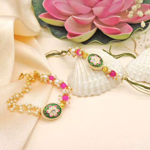 Pink Floral Meenakari Bhaiya Bhabhi Rakhi Set by Joyrias