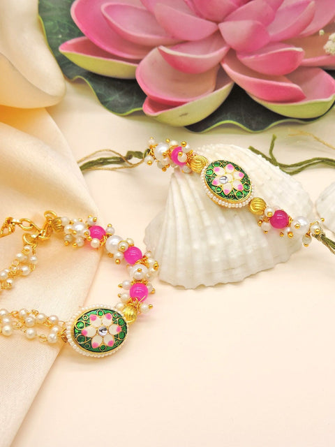 Pink Floral Meenakari Bhaiya Bhabhi Rakhi Set by Joyrias