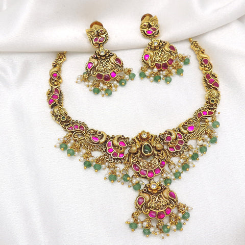 Antique Pink Green Stone Jewelry Set by Joyrias