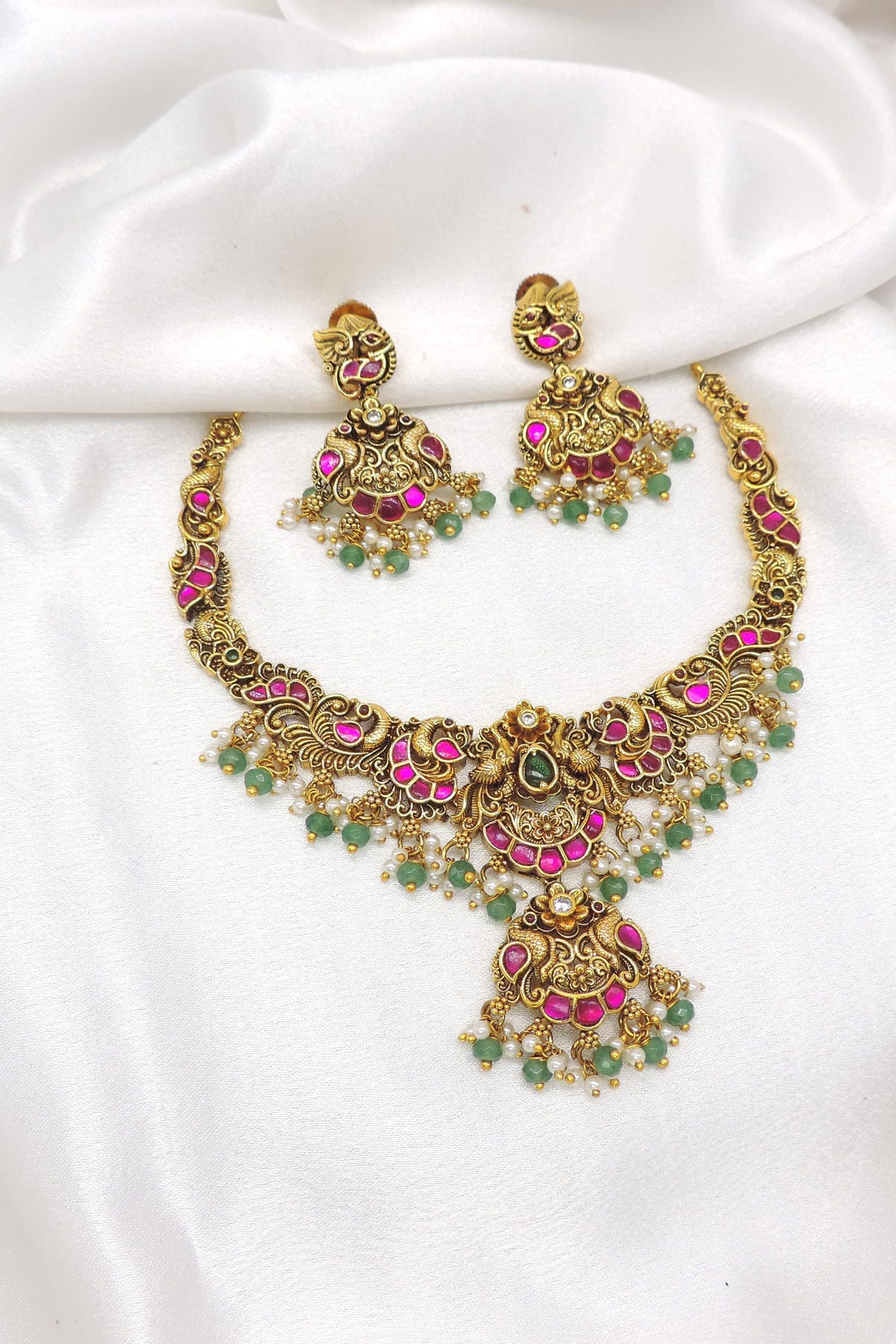 Antique Pink Green Stone Jewelry Set by Joyrias