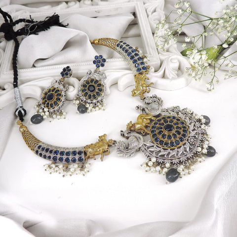 Multi stone silver and gold plated Indian necklace set – festive ethnic necklace USA – Joyrias