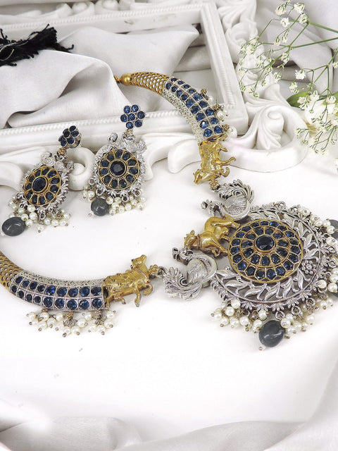 Multi stone silver and gold plated Indian necklace set – festive ethnic necklace USA – Joyrias