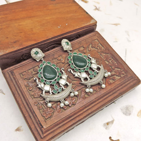 Green Stone Elephant Oxidized Statement Earrings with Pearl Drops