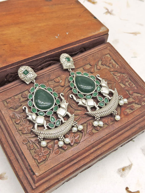 Green Stone Elephant Oxidized Statement Earrings with Pearl Drops
