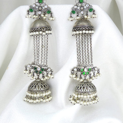 Oxidized silver green stone long jhumka drop earrings with pearl detailing by joyrias