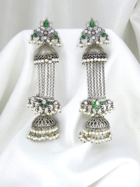 Oxidized silver green stone long jhumka drop earrings with pearl detailing by joyrias