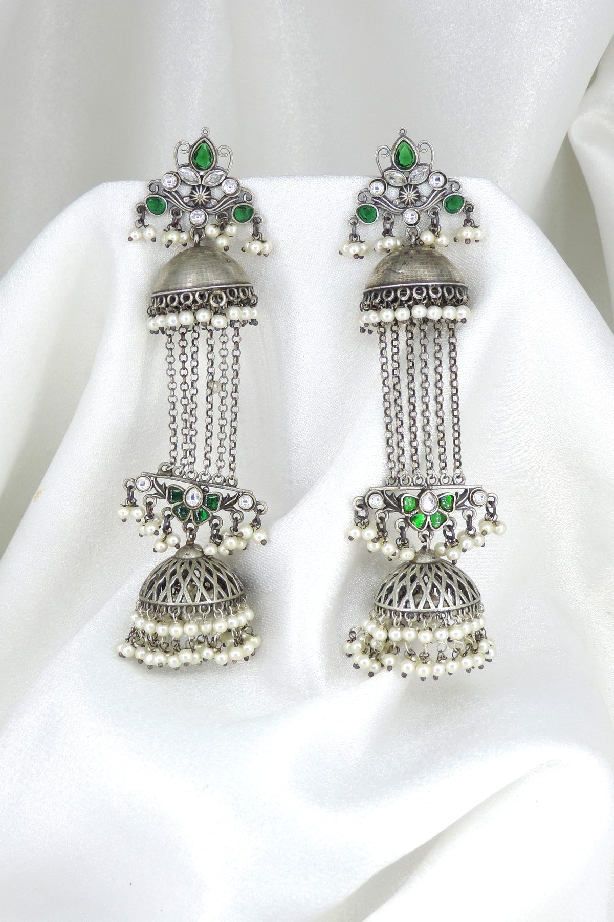 Oxidized silver green stone long jhumka drop earrings with pearl detailing by joyrias