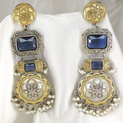 Royal Blue Dual Tone Pearl Earrings by Joyrias