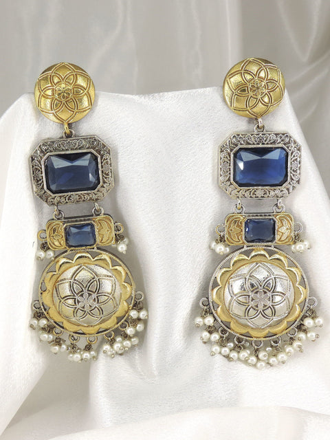 Royal Blue Dual Tone Pearl Earrings by Joyrias