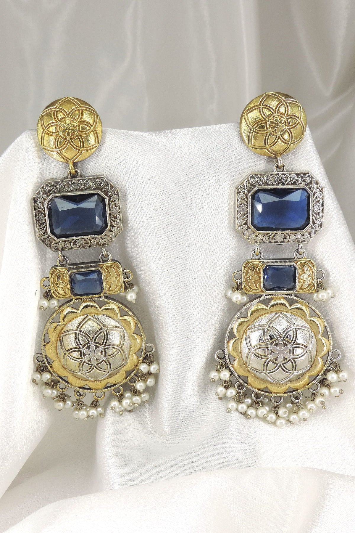 Royal Blue Dual Tone Pearl Earrings by Joyrias