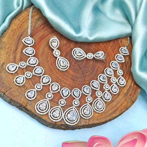 Silver tone with AD necklace set – Indian silver American diamond necklace USA – Joyrias