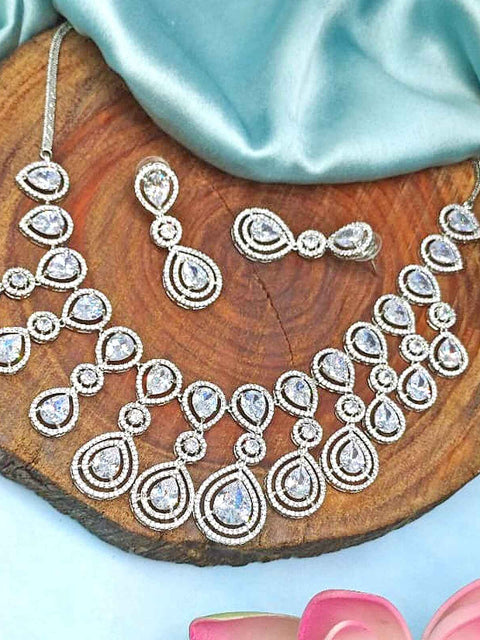 Silver tone with AD necklace set – Indian silver American diamond necklace USA – Joyrias