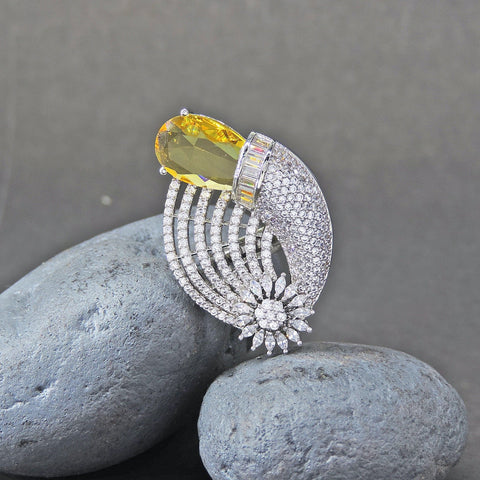 Silver tone AD ring in yellow – Indian American diamond yellow ring for women USA – Joyrias