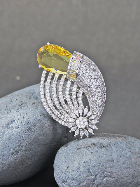 Silver tone AD ring in yellow – Indian American diamond yellow ring for women USA – Joyrias
