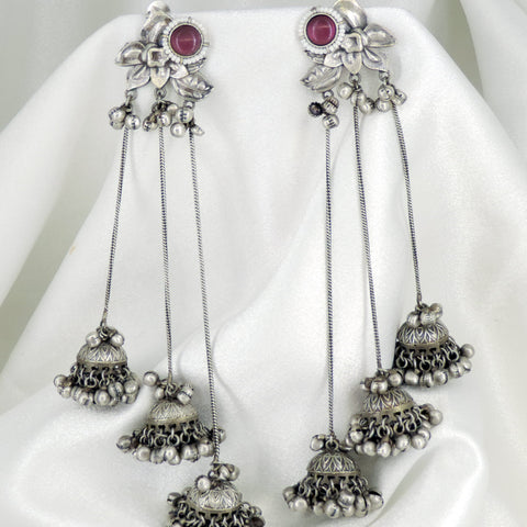 Oxidized silver Kashmiri long chain jhumka earrings with red stone floral detailing by joyrias