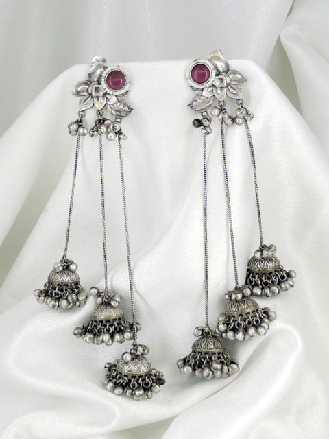 Oxidized silver Kashmiri long chain jhumka earrings with red stone floral detailing by joyrias