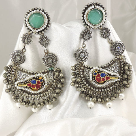Bird Oxidized Pearl Dangler Earrings by Joyrias
