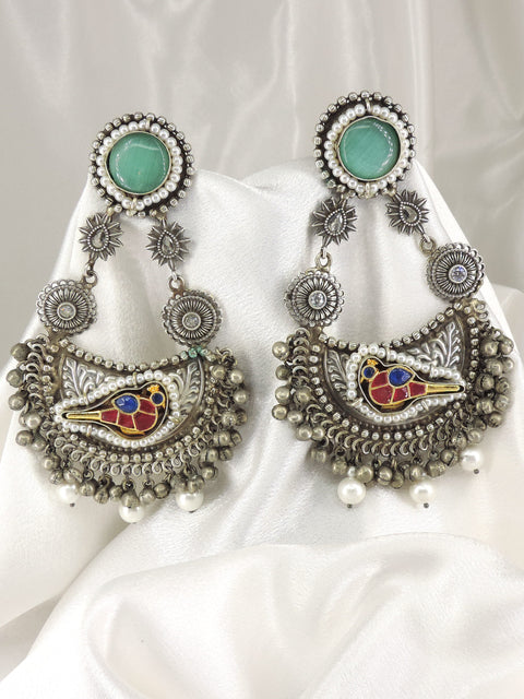 Bird Oxidized Pearl Dangler Earrings by Joyrias