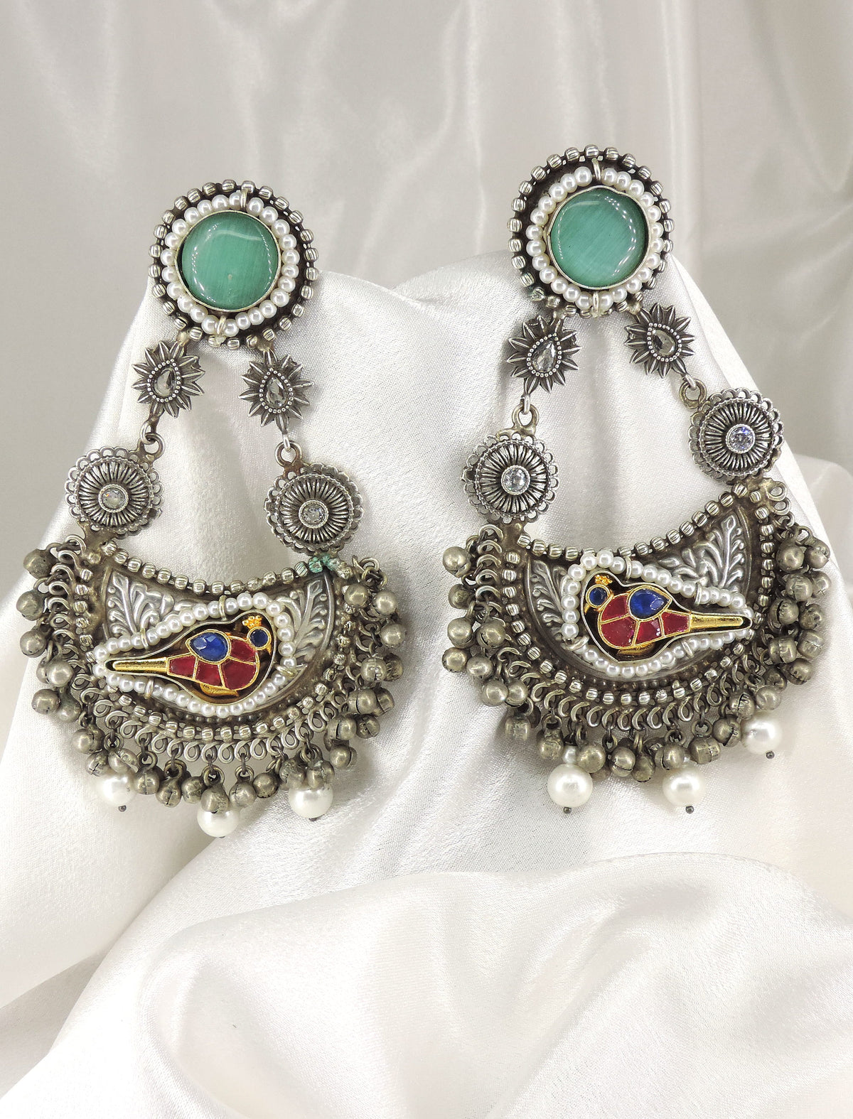 Bird Oxidized Pearl Dangler Earrings by Joyrias
