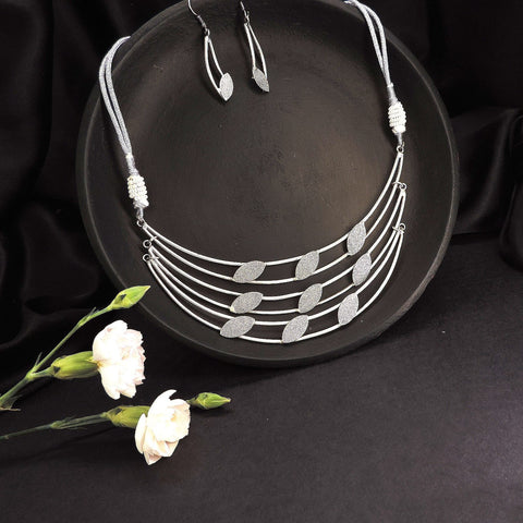 Layered silver leaf necklace set with matching earrings