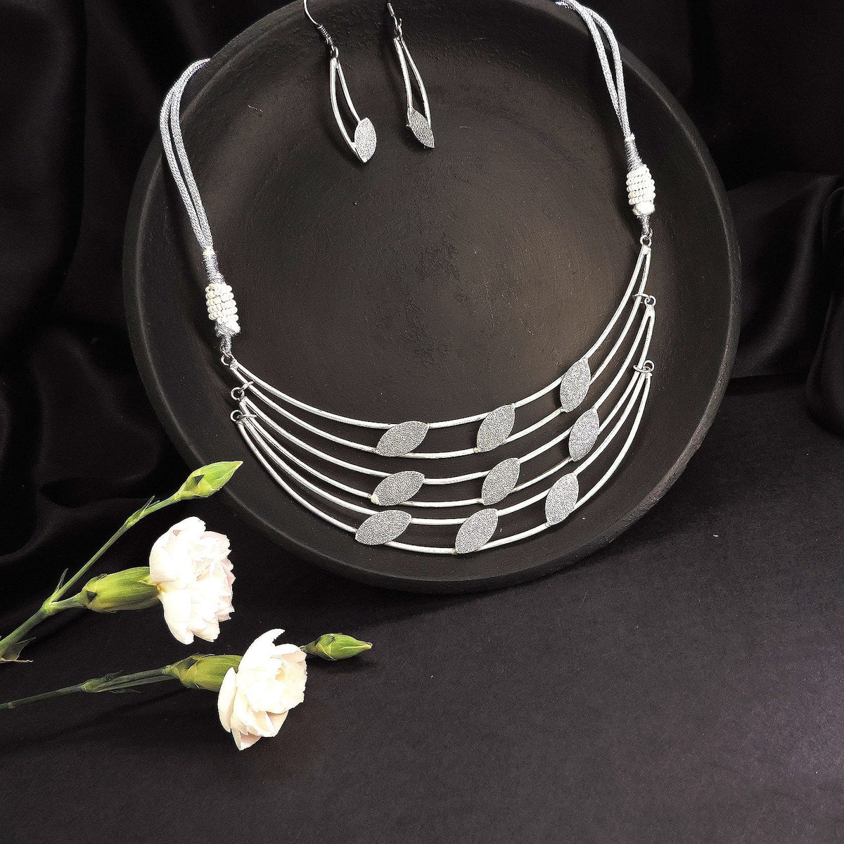 Layered silver leaf necklace set with matching earrings